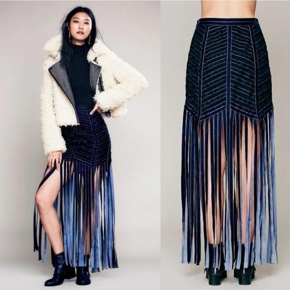 Free People Heart in A Cage Maxi Fringe Velvet skirt size 12